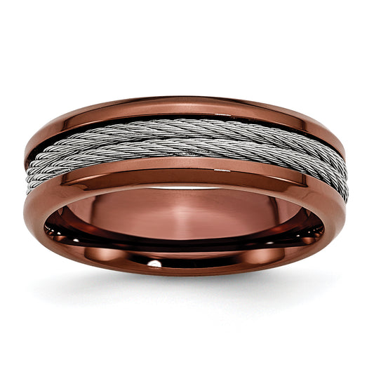 Stainless Steel Ridged Edge Brown Ip Plated Cable 7mm Band