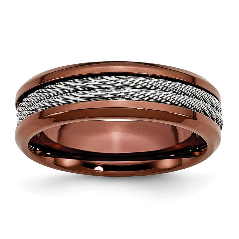 Stainless Steel Ridged Edge Brown Ip Plated Cable 7mm Band