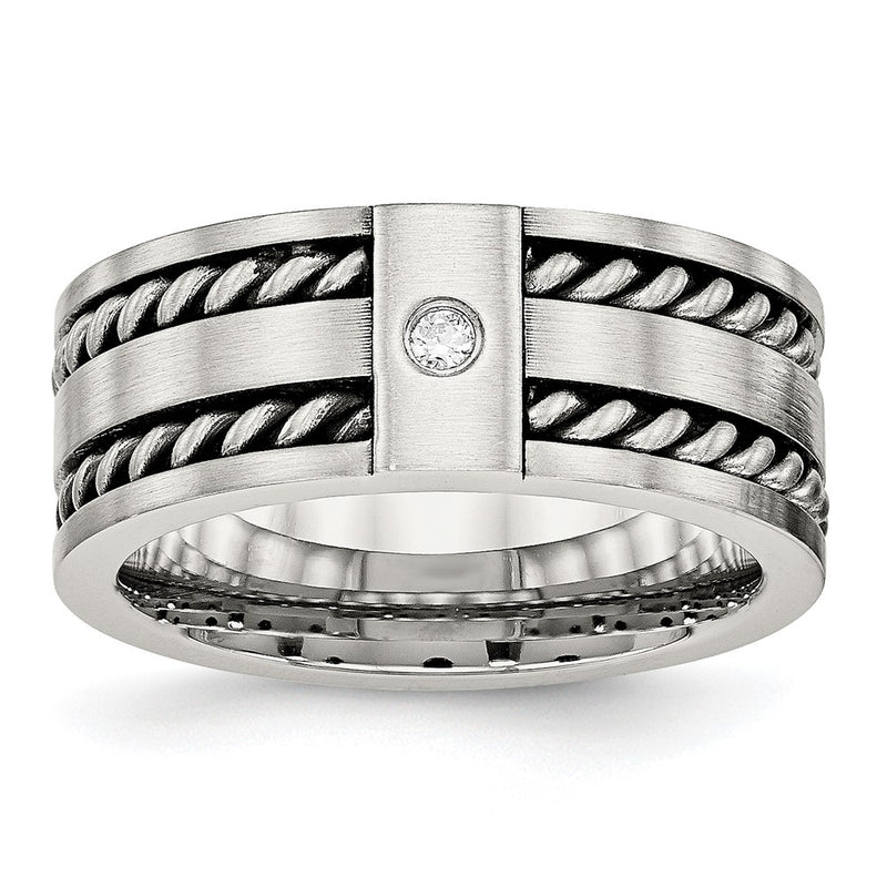 Stainless Steel Antiqued And Brushed Cz Twisted 9mm Flat Band
