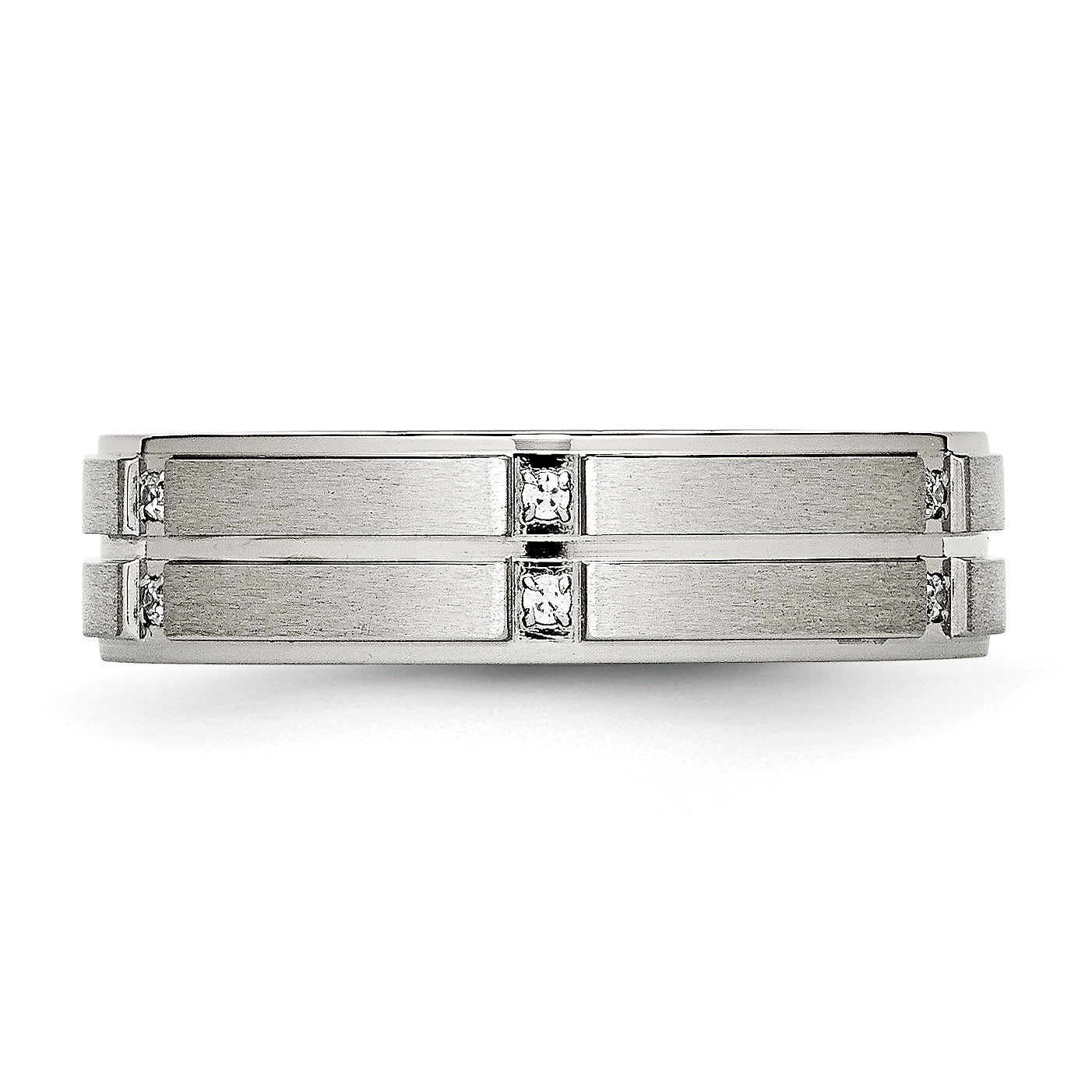Stainless Steel Polished/Brushed Center Cz Grooved 6mm Ridged Edge Band
