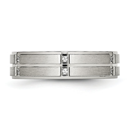 Stainless Steel Polished/Brushed Center Cz Grooved 6mm Ridged Edge Band