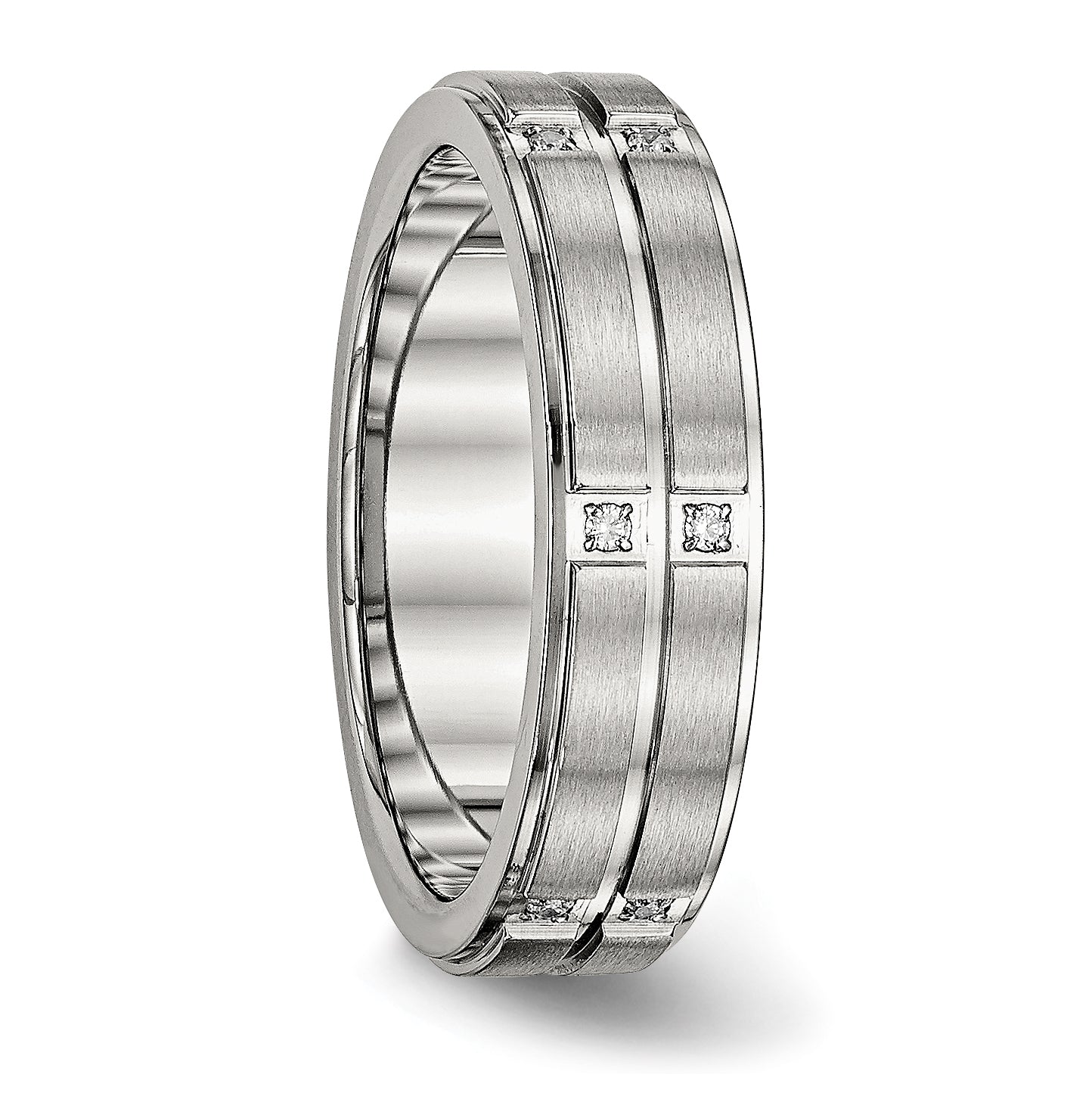 Stainless Steel Polished/Brushed Center Cz Grooved 6mm Ridged Edge Band