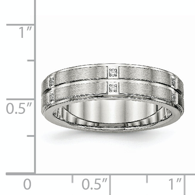 Stainless Steel Polished/Brushed Center Cz Grooved 6mm Ridged Edge Band