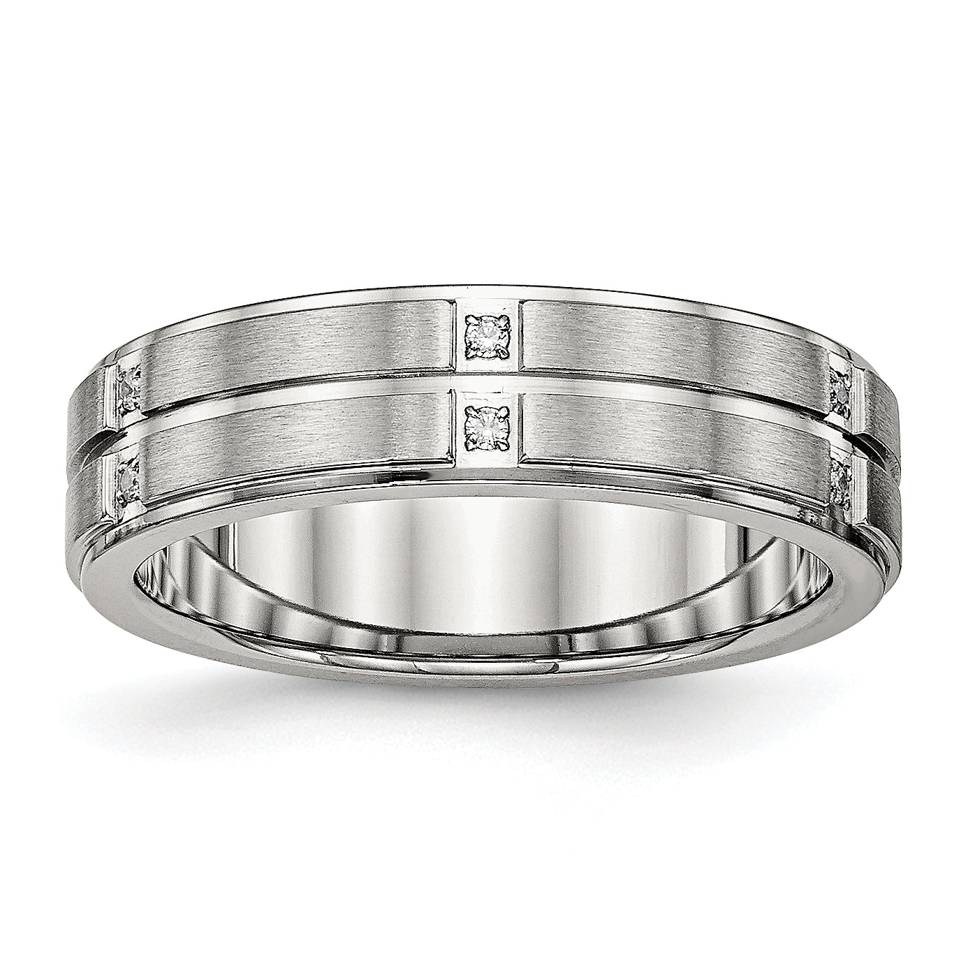 Stainless Steel Polished/Brushed Center Cz Grooved 6mm Ridged Edge Band