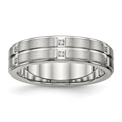 Stainless Steel Polished/Brushed Center Cz Grooved 6mm Ridged Edge Band