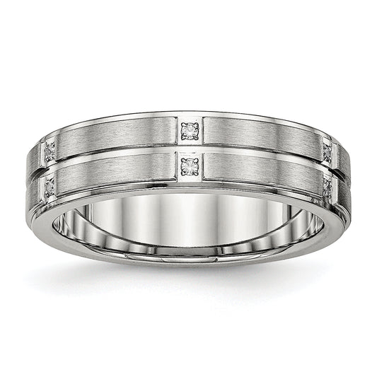 Stainless Steel Polished/Brushed Center Cz Grooved 6mm Ridged Edge Band