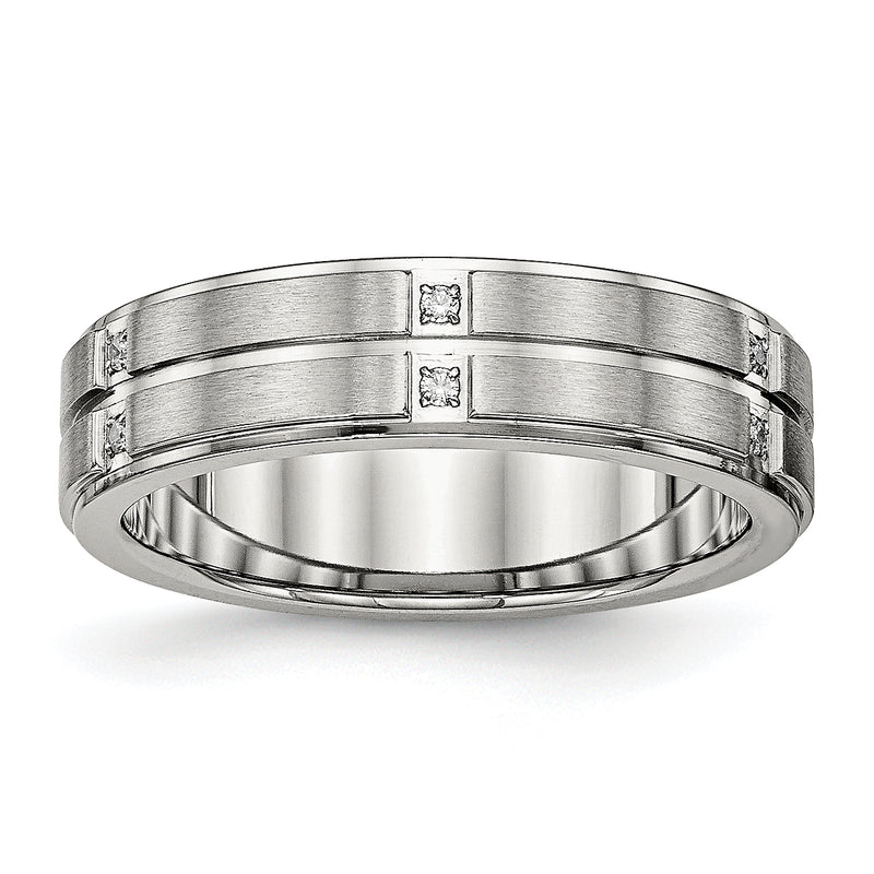 Stainless Steel Polished/Brushed Center Cz Grooved 6mm Ridged Edge Band