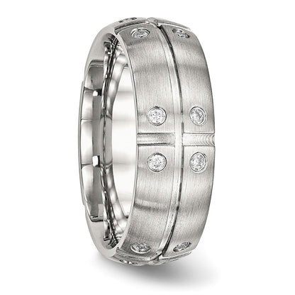 Stainless Steel Brushed And Grooved Cz 8mm Half Round Band