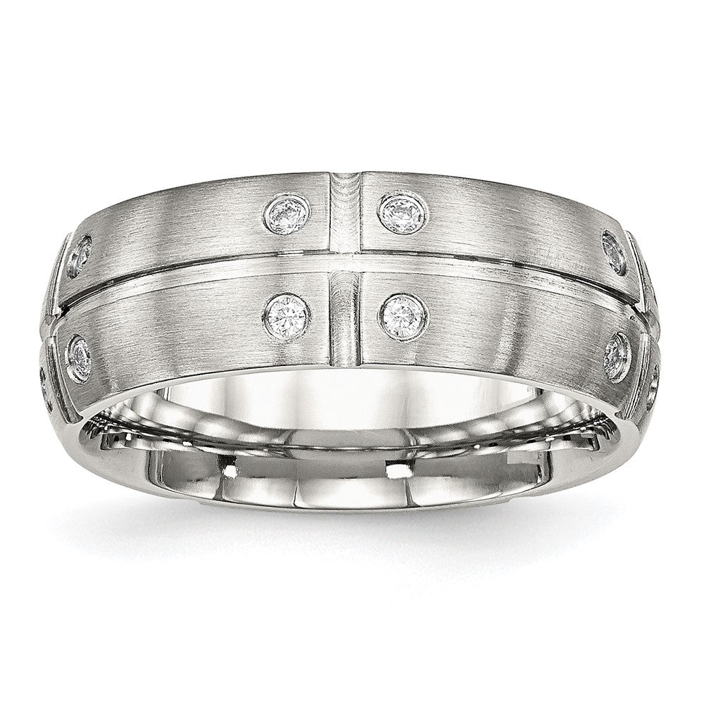 Stainless Steel Brushed And Grooved Cz 8mm Half Round Band