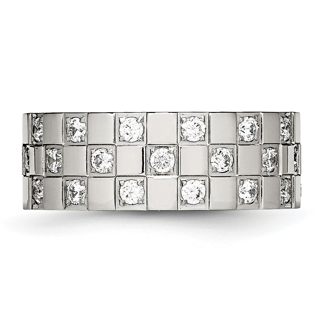 Stainless Steel Polished Cz Checkered 8mm Flat Band