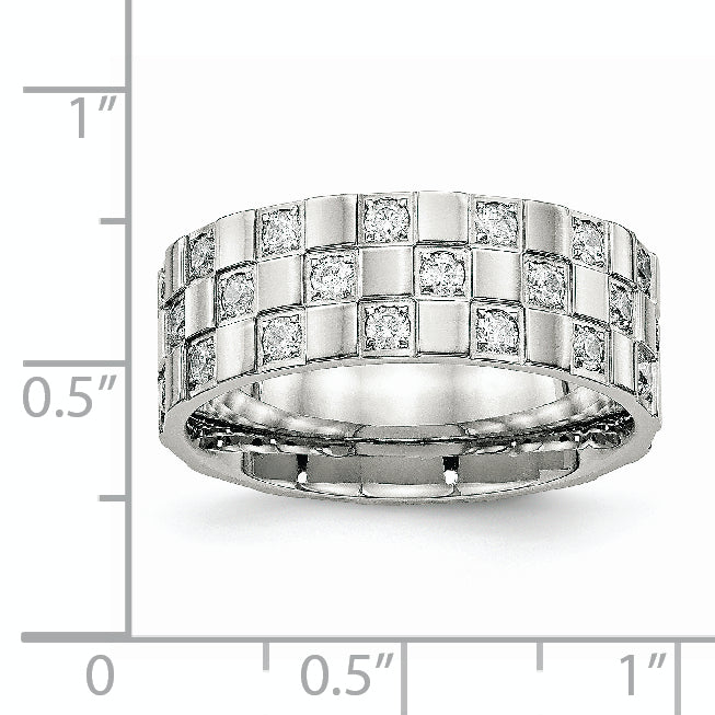 Stainless Steel Polished Cz Checkered 8mm Flat Band