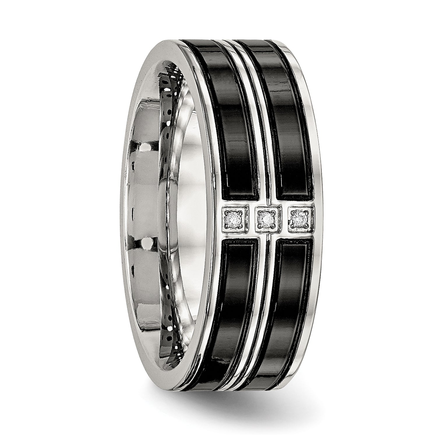 Stainless Steel Polished Black Ip Plated Cz 8mm Band