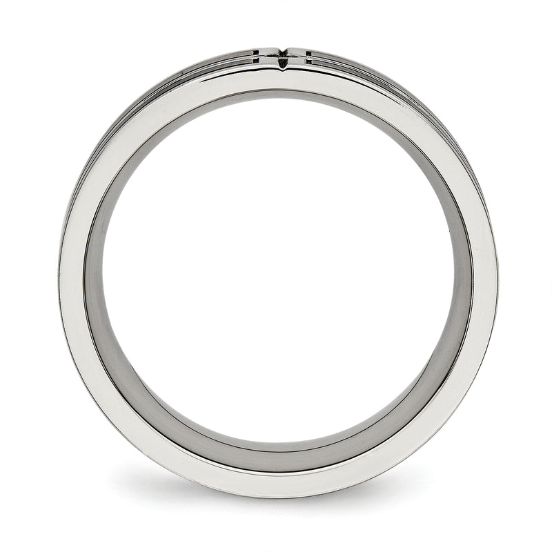Stainless Steel Polished Brushed Center Black Ip Plated Cz 8mm Band