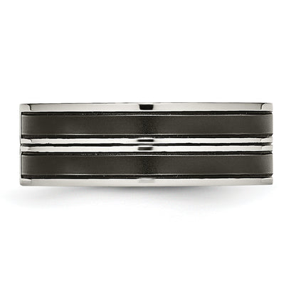 Stainless Steel Polished Brushed Center Black Ip Plated Cz 8mm Band