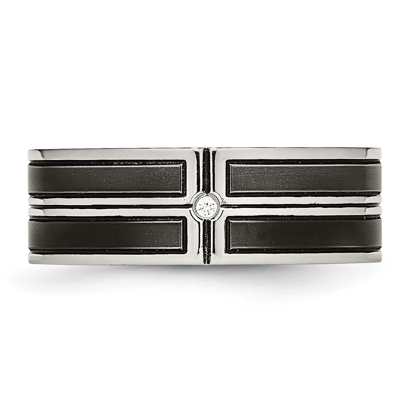 Stainless Steel Polished Brushed Center Black Ip Plated Cz 8mm Band