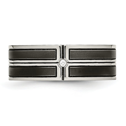 Stainless Steel Polished Brushed Center Black Ip Plated Cz 8mm Band