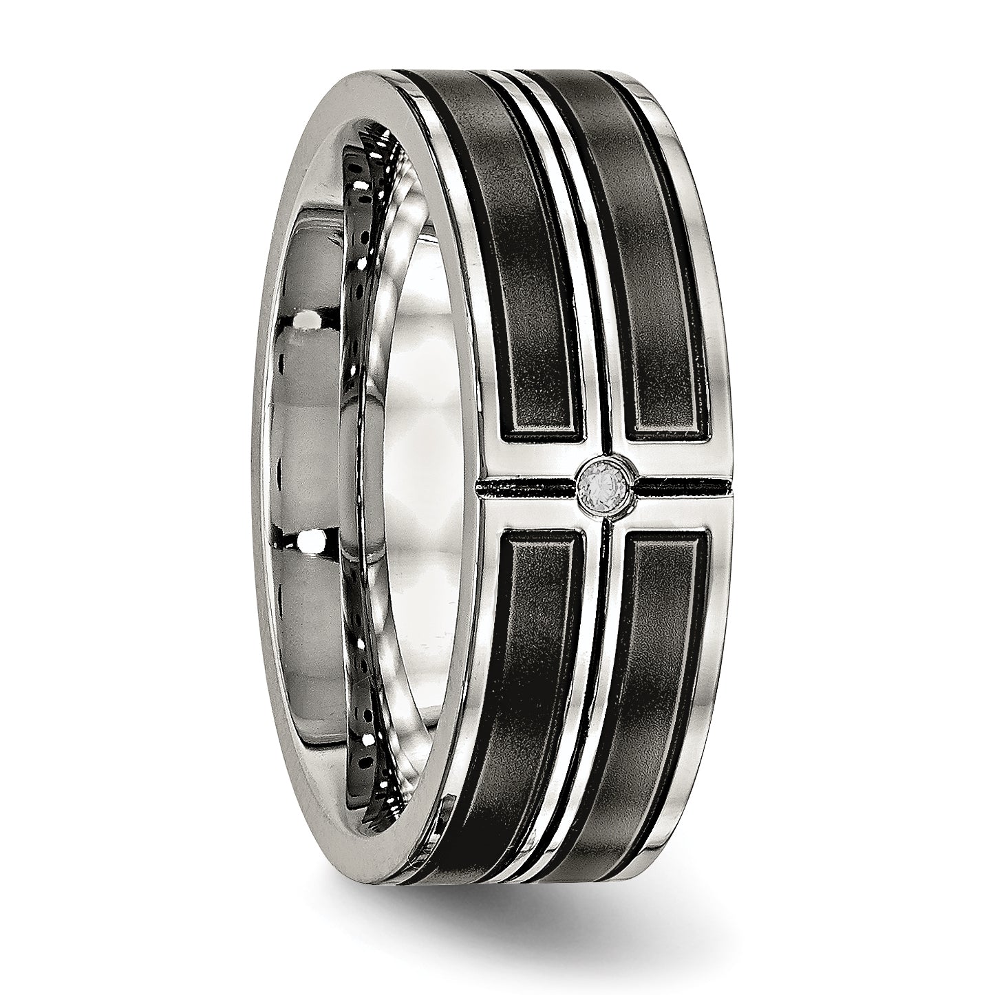 Stainless Steel Polished Brushed Center Black Ip Plated Cz 8mm Band