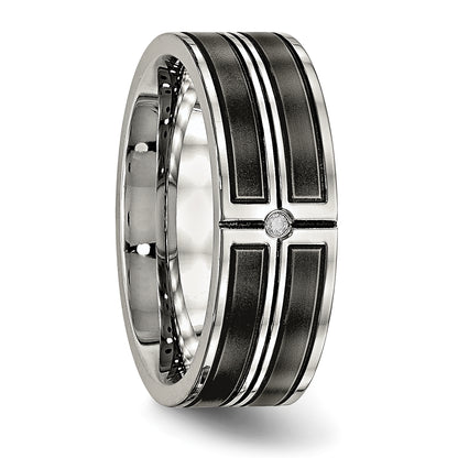 Stainless Steel Polished Brushed Center Black Ip Plated Cz 8mm Band