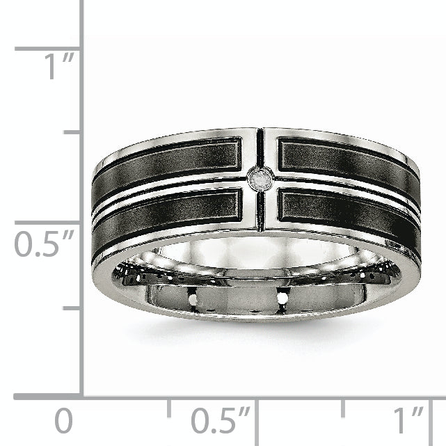 Stainless Steel Polished Brushed Center Black Ip Plated Cz 8mm Band