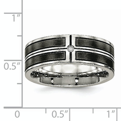 Stainless Steel Polished Brushed Center Black Ip Plated Cz 8mm Band
