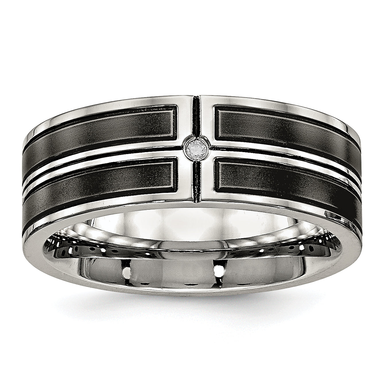 Stainless Steel Polished Brushed Center Black Ip Plated Cz 8mm Band