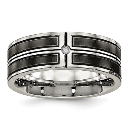 Stainless Steel Polished Brushed Center Black Ip Plated Cz 8mm Band