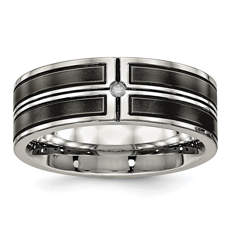 Stainless Steel Polished Brushed Center Black Ip Plated Cz 8mm Band