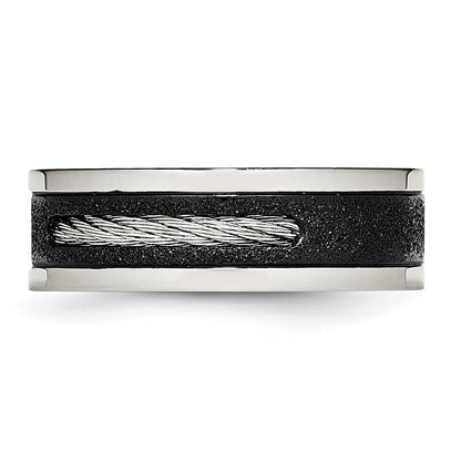 Stainless Steel Polished Black Ip Laser Cut Cable Inlay & Cz 8mm Band