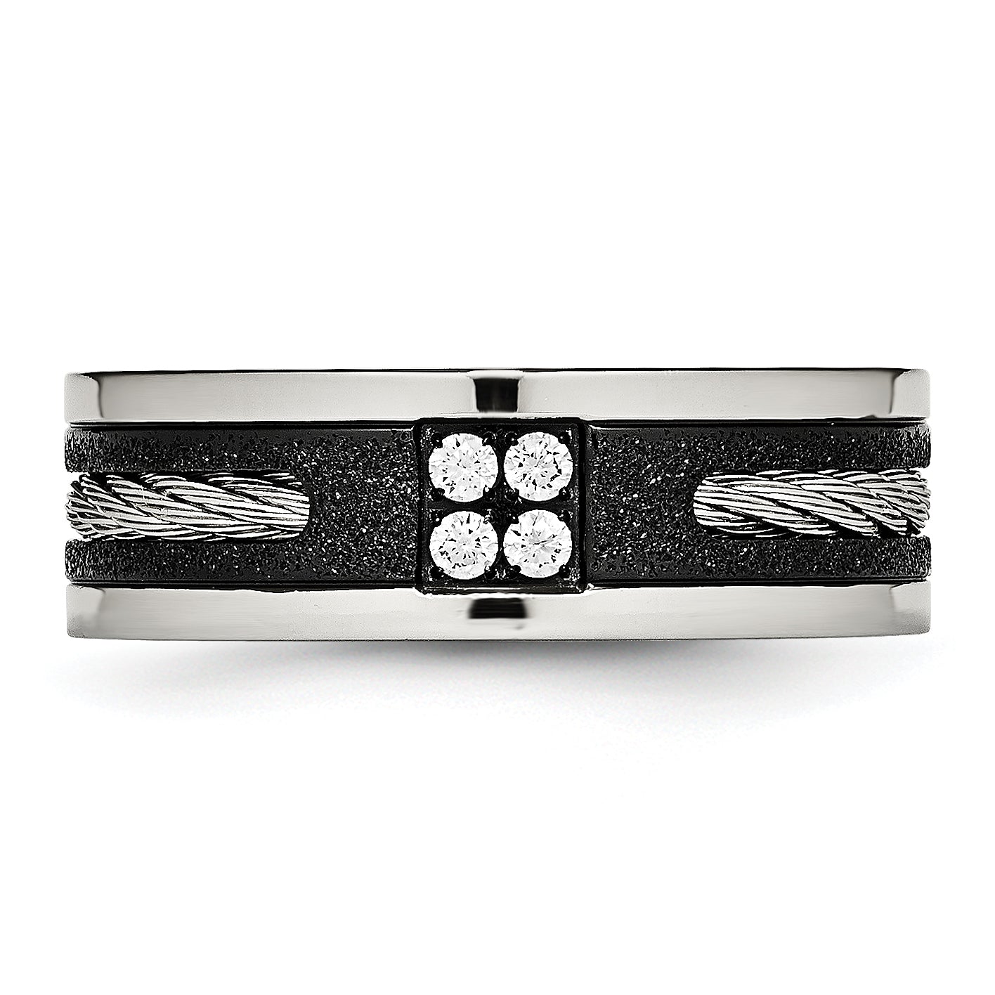 Stainless Steel Polished Black Ip Laser Cut Cable Inlay & Cz 8mm Band