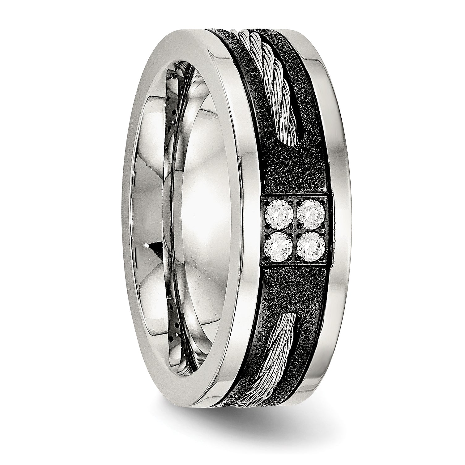 Stainless Steel Polished Black Ip Laser Cut Cable Inlay & Cz 8mm Band