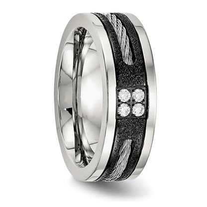 Stainless Steel Polished Black Ip Laser Cut Cable Inlay & Cz 8mm Band