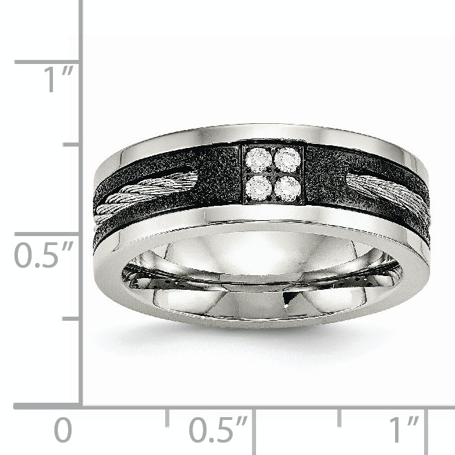 Stainless Steel Polished Black Ip Laser Cut Cable Inlay & Cz 8mm Band