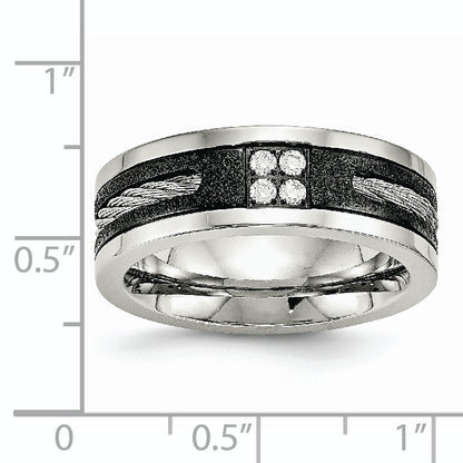 Stainless Steel Polished Black Ip Laser Cut Cable Inlay & Cz 8mm Band