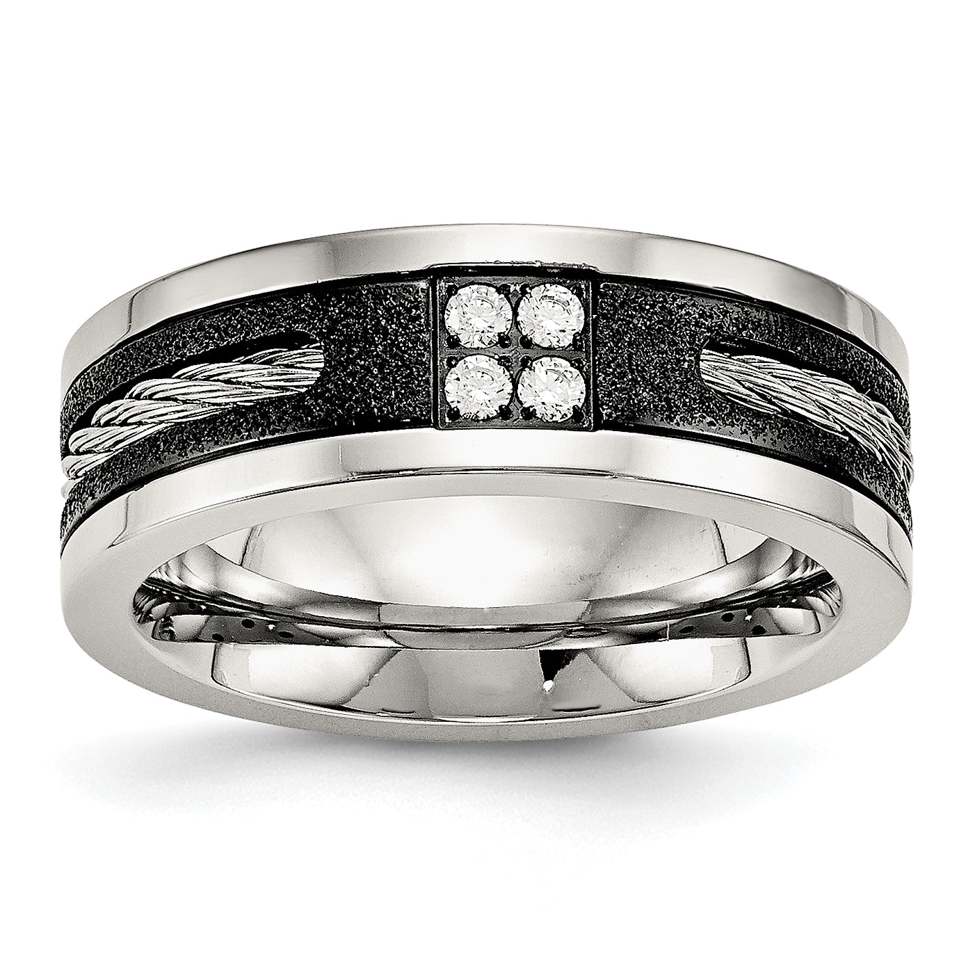 Stainless Steel Polished Black Ip Laser Cut Cable Inlay & Cz 8mm Band