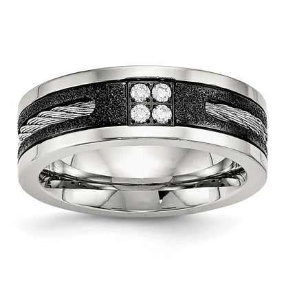 Stainless Steel Polished Black Ip Laser Cut Cable Inlay & Cz 8mm Band