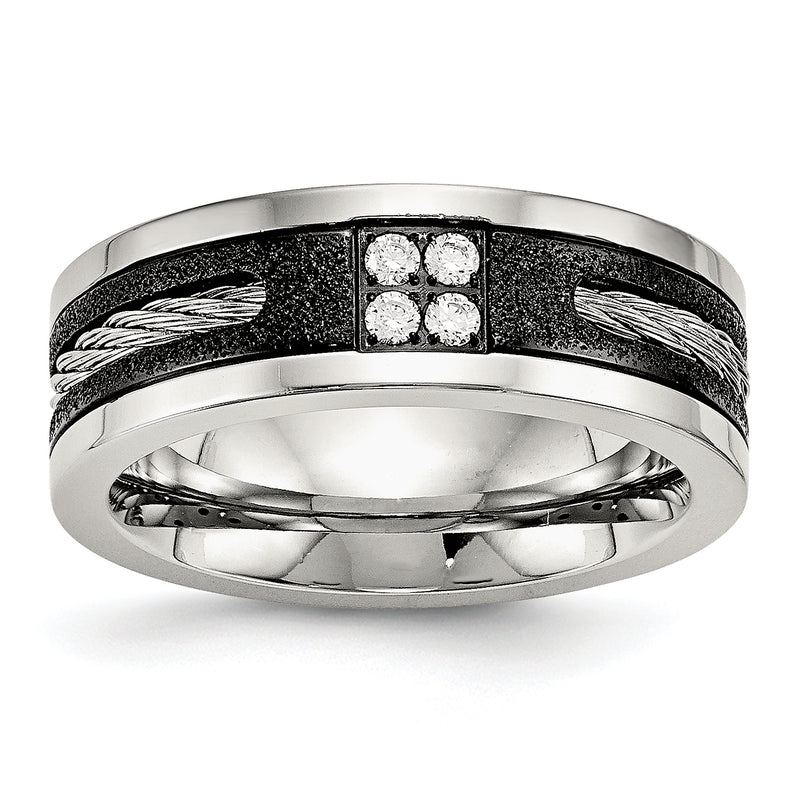 Stainless Steel Polished Black Ip Laser Cut Cable Inlay & Cz 8mm Band