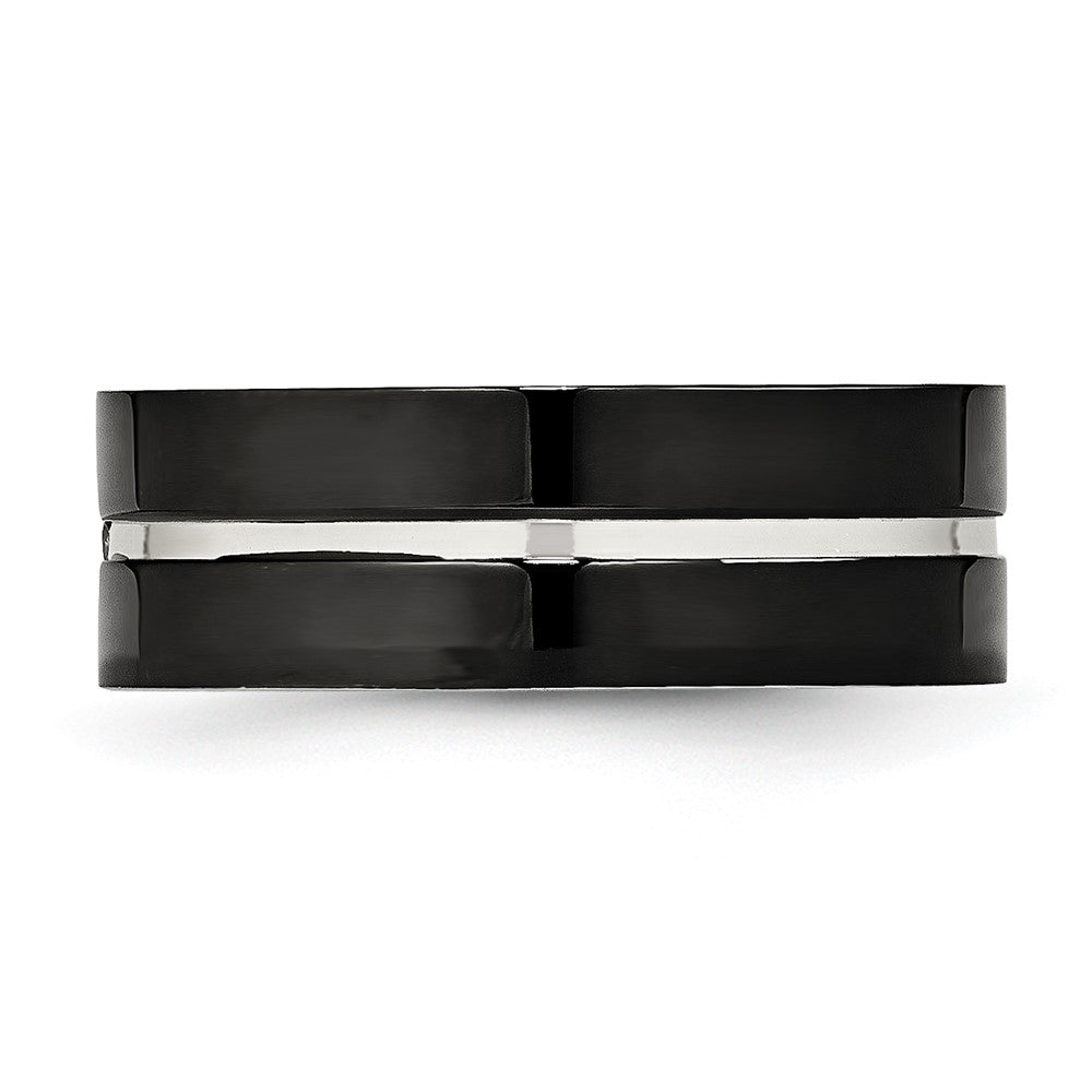 Stainless Steel Polished Black Ip Plated Cz Grooved 8mm Comfort Fit Band