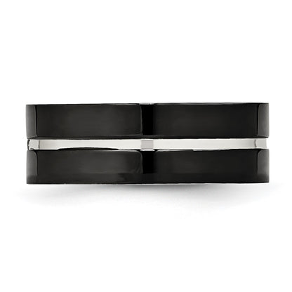 Stainless Steel Polished Black Ip Plated Cz Grooved 8mm Comfort Fit Band