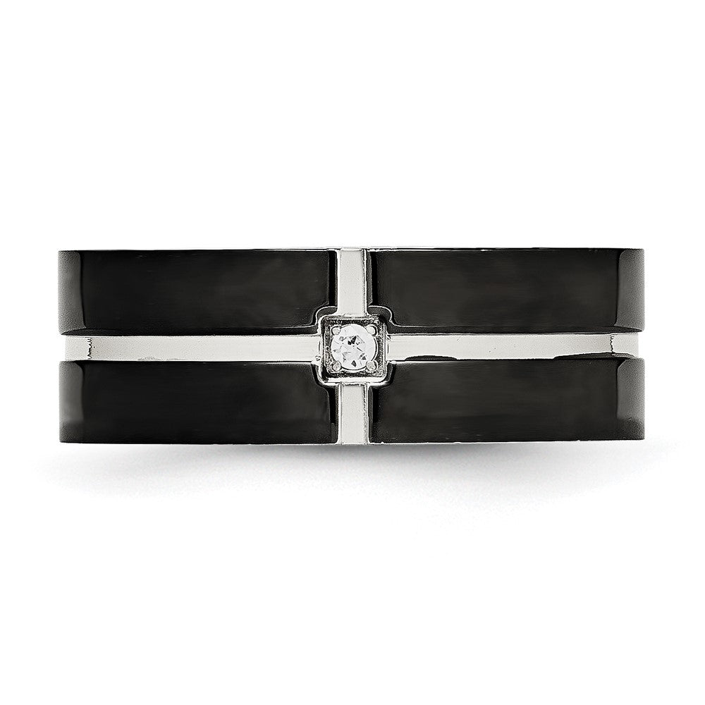 Stainless Steel Polished Black Ip Plated Cz Grooved 8mm Comfort Fit Band