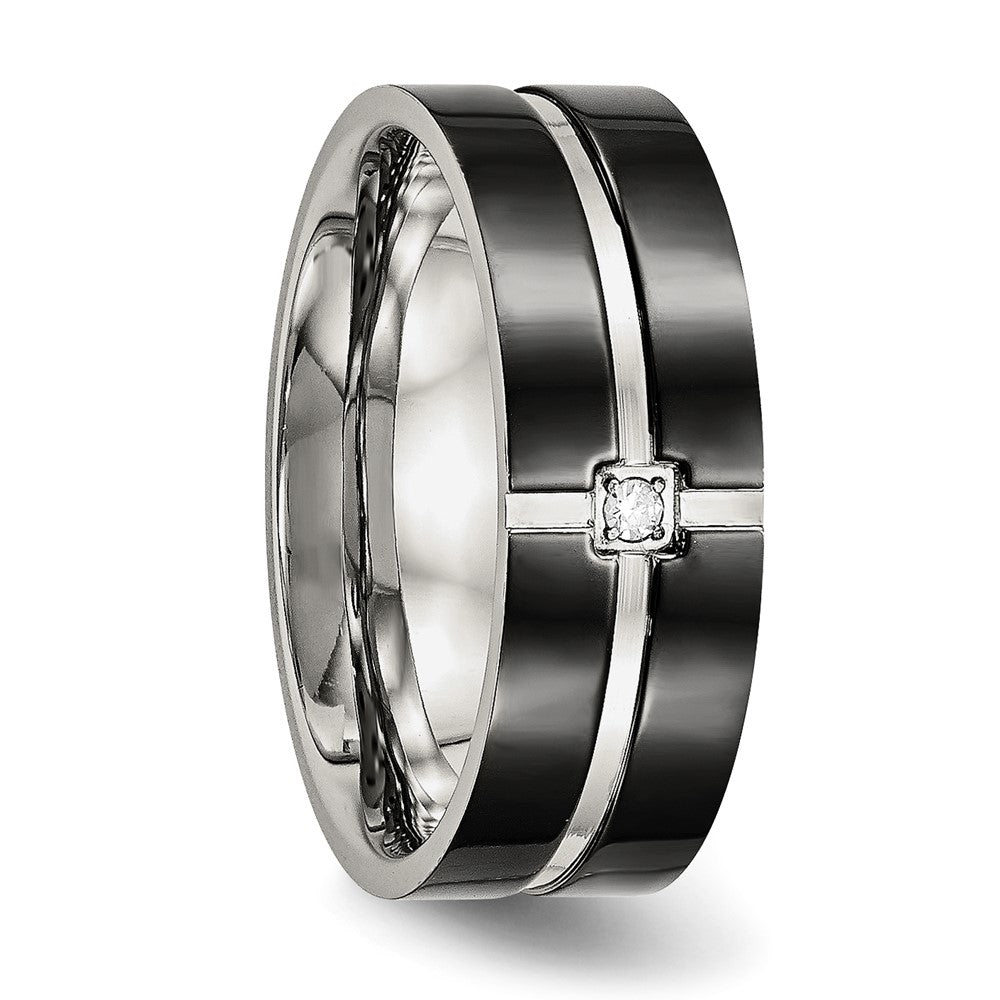 Stainless Steel Polished Black Ip Plated Cz Grooved 8mm Comfort Fit Band