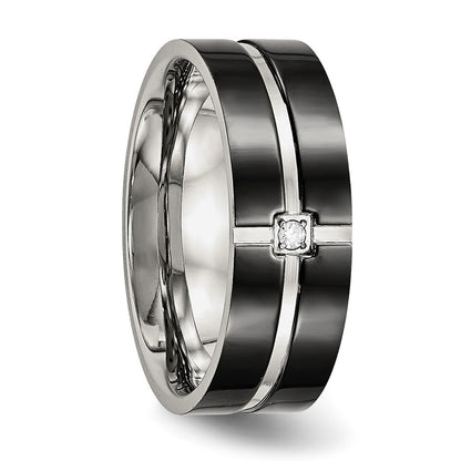Stainless Steel Polished Black Ip Plated Cz Grooved 8mm Comfort Fit Band