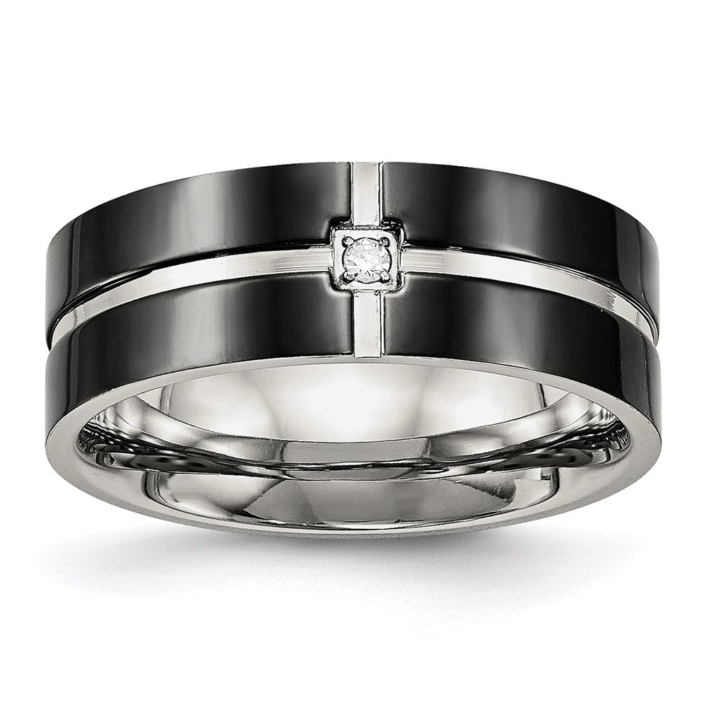 Stainless Steel Polished Black Ip Plated Cz Grooved 8mm Comfort Fit Band