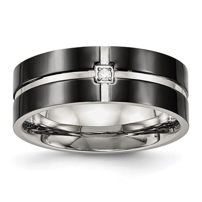 Stainless Steel Polished Black Ip Plated Cz Grooved 8mm Comfort Fit Band