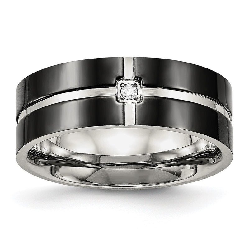 Stainless Steel Polished Black Ip Plated Cz Grooved 8mm Comfort Fit Band