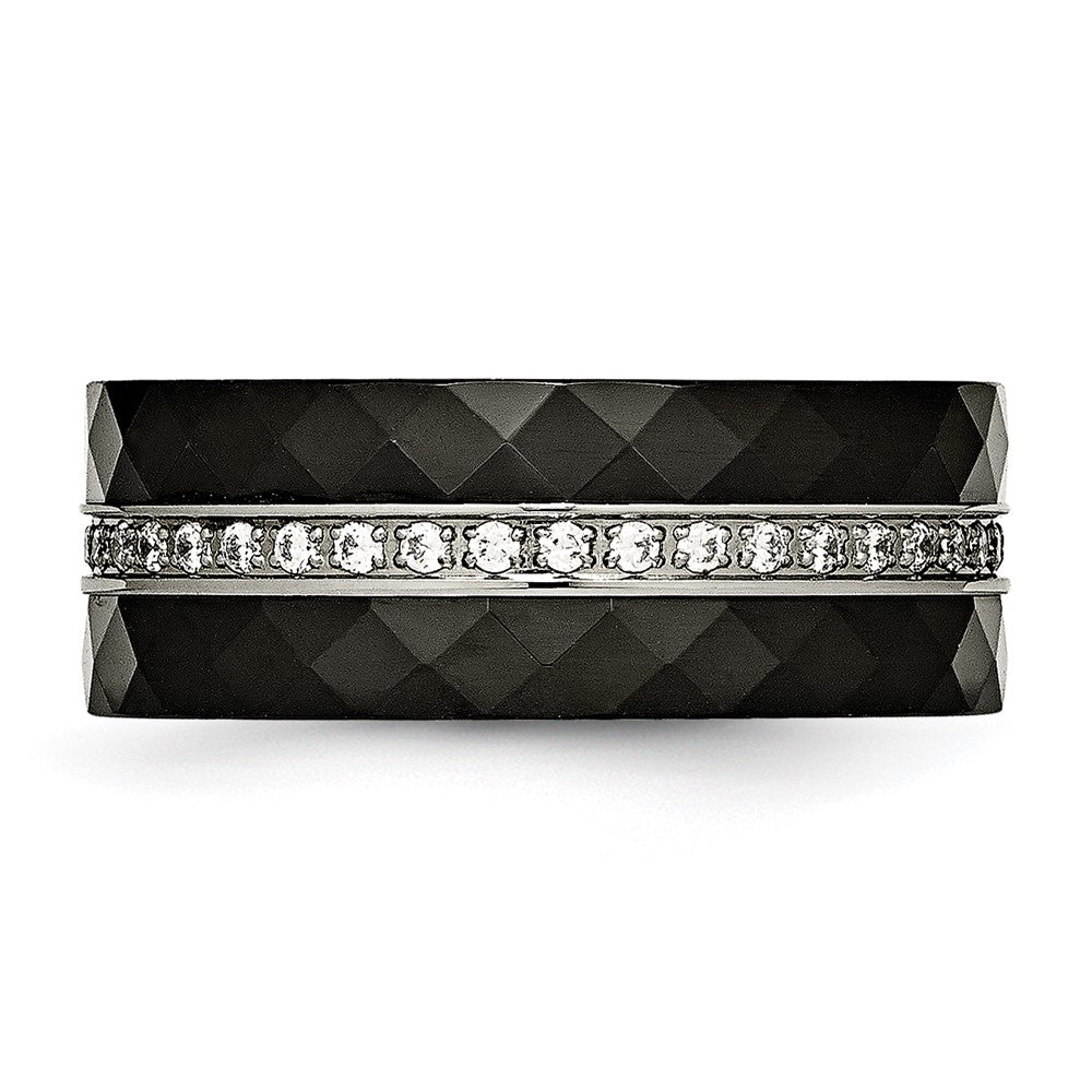 Stainless Steel Polished Faceted Black Ceramic Cz Ring