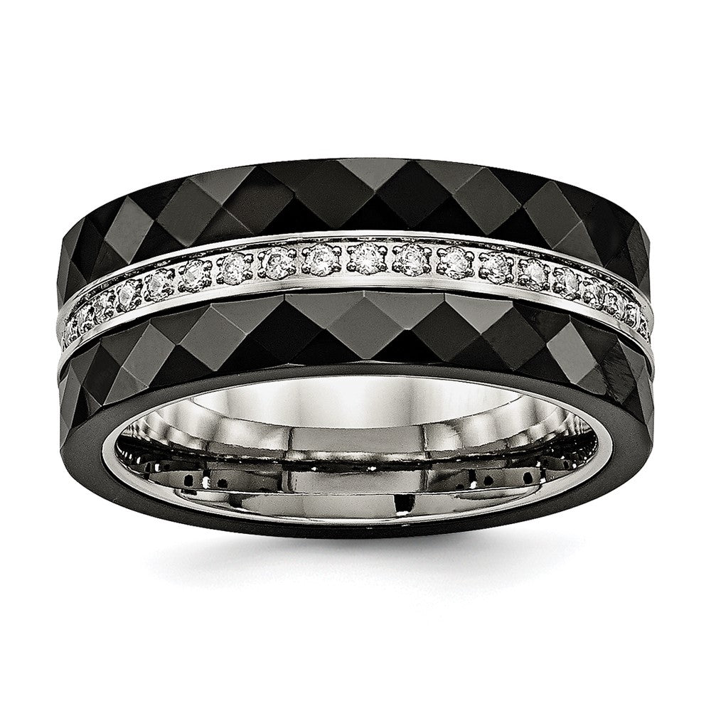 Stainless Steel Polished Faceted Black Ceramic Cz Ring