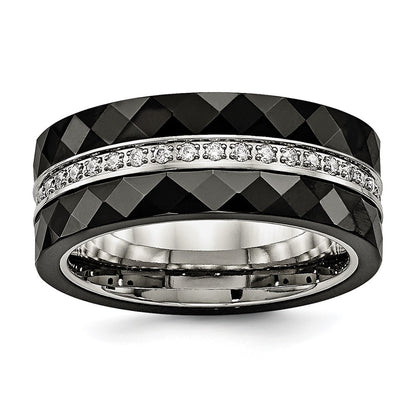 Stainless Steel Polished Faceted Black Ceramic Cz Ring