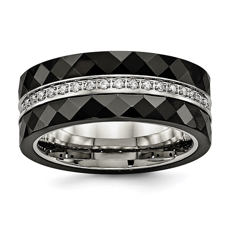 Stainless Steel Polished Faceted Black Ceramic Cz Ring
