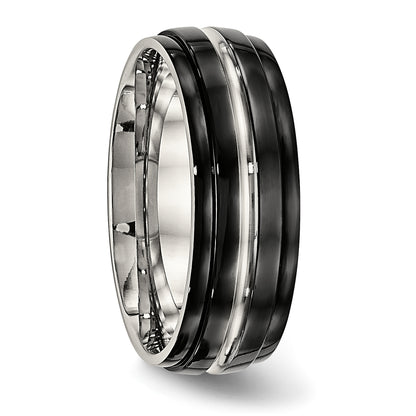 Stainless Steel Polished Black Ip Plated 8mm Ridged Edged Band