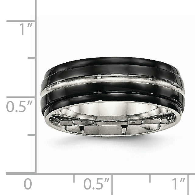 Stainless Steel Polished Black Ip Plated 8mm Ridged Edged Band